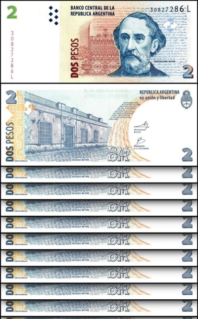 Argentina 2 Pesos 2012, UNC, 10 PCS LOT, P-352, Suffix L, Bartolome Mitre