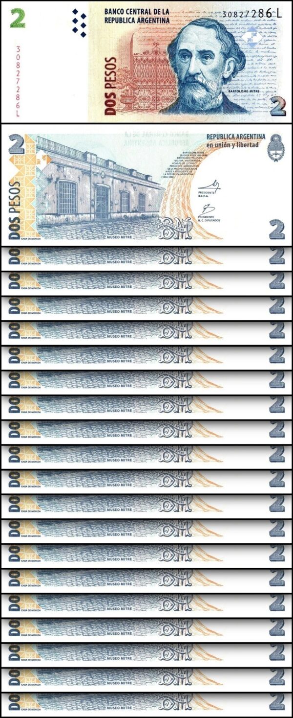 Argentina 2 Pesos 2012, UNC, 20 PCS LOT, P-352, Suffix L, Bartolome Mitre