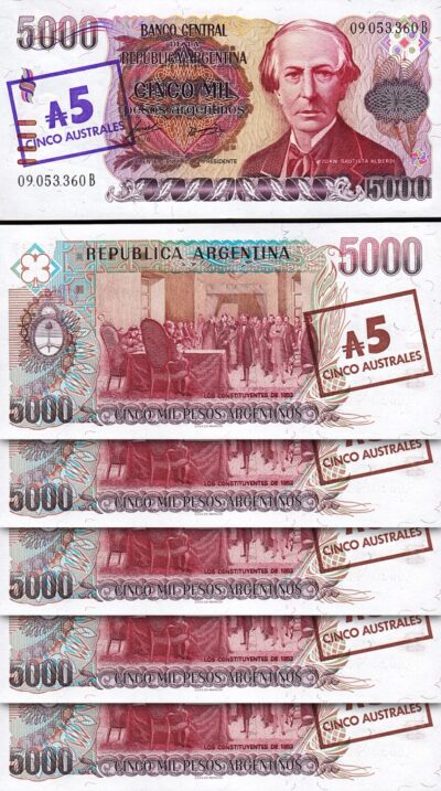 Argentina 5 Australes on 5000 Pesos, 1985 Overprint, UNC, 5 Pcs LOT, P-321