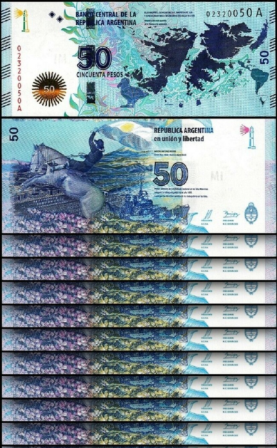 Argentina 50 Pesos 2015, UNC, 10 Pcs LOT,Consecutive, P-362, Malvinas Islands