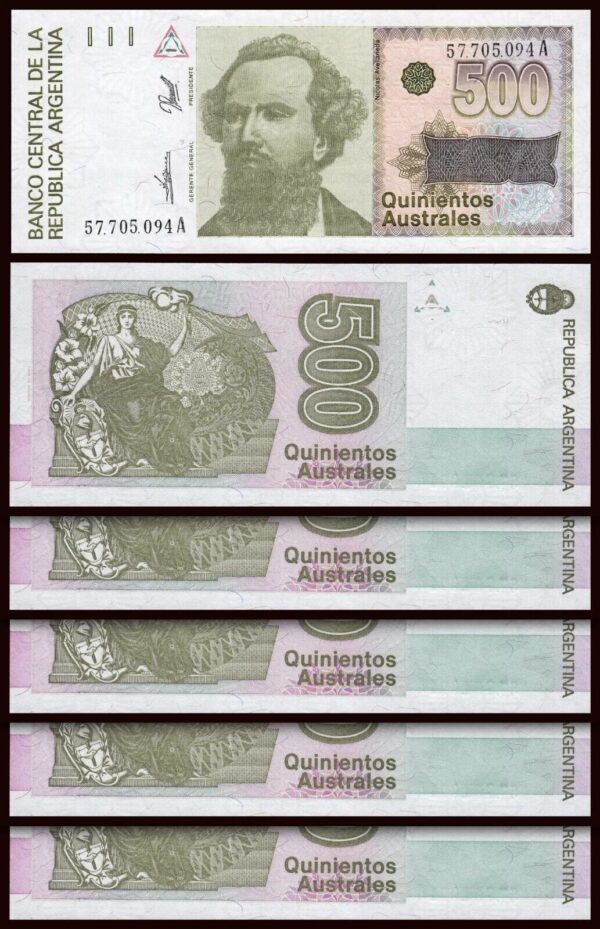 Argentina 500 Australes 1990, UNC , 5 Pcs LOT, P-328b, Suffix A