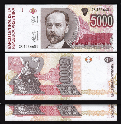 Argentina 5000 Australes 1989 -1991, UNC, 2 Pcs PAIR, Consecutive, P-330e,Sufx C