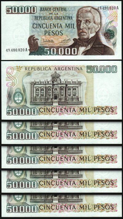 Argentina 50000 50,000 Pesos, 1979 - 1983, UNC, 5 Pcs LOT, Consecutive, P-307, A