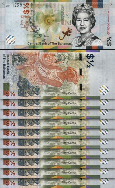 Bahamas 50 Cents 1/2 Dollar, 2019, UNC, 10 Pcs LOT, P-New, QUE II
