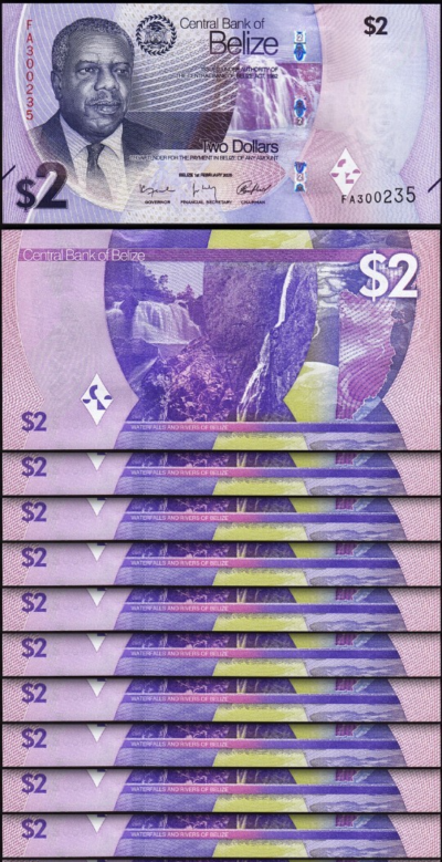 Belize 2 Dollars 2025, UNC, 10 Pcs LOT, Consecutive, P-73,  New Design