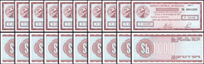 Bolivia 100,000  100000 Pesos Bolivianos 1984, UNC, 10 Pcs LOT,Consecutive,P-188