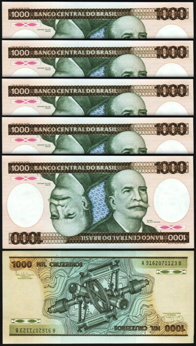 Brazil 1000 Cruzeiros 1986, UNC, 5 Pcs LOT, P-201c, Sign 22, Prefix AB