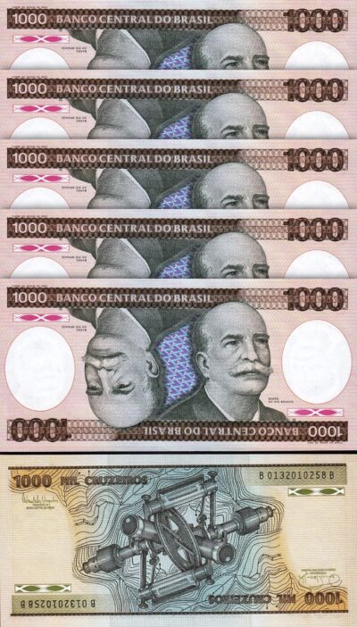 Brazil 1000 Cruzeiros 1986, UNC, 5 Pcs LOT, P-201d, Sign 22