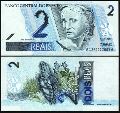 Brazil 2 Reais ND 2001, UNC, Prefix A Suffix A, P-249a, Sign 39