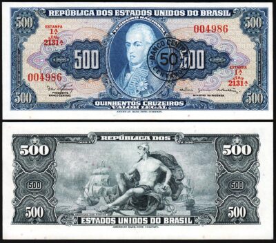 Brazil 50 Centavos on 500 Cruzeiros 1967, AU - UNC, P-186, Serial 00****