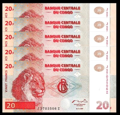 CONGO 20 FRANCS 1997, J-Z REPLACEMENT, 5 PCS LOT, UNC- P 88a, LION