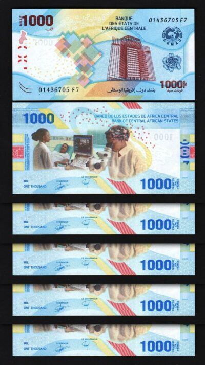 Central African St. 1000 Francs 2020 2022, UNC, 5 PCS LOT, Hybrid Polymer, P-701
