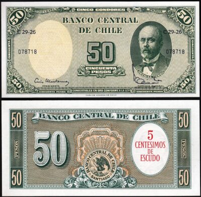 Chile 5 Centesimos on 50 Pesos 1960 1961, XF, P-126, Serie C