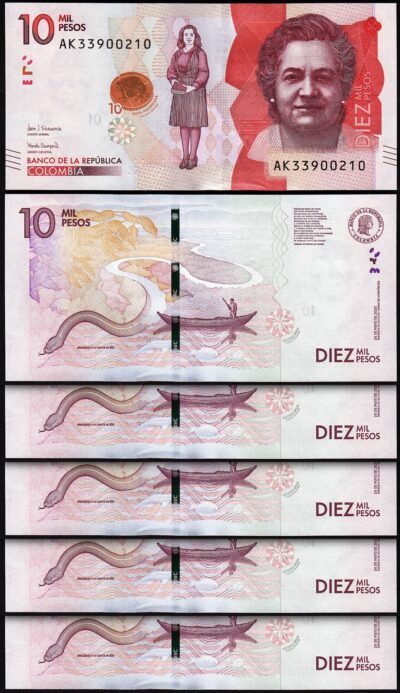 Colombia 10000 Pesos 2020, UNC, 5 Pcs LOT, Consecutive, P-460f, Prefix AK