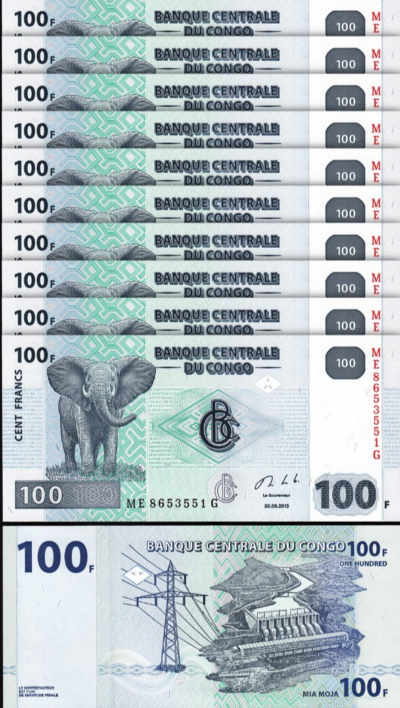 Congo 100 Francs 2013, UNC, 10 Pcs LOT, Consecutive, P-98b