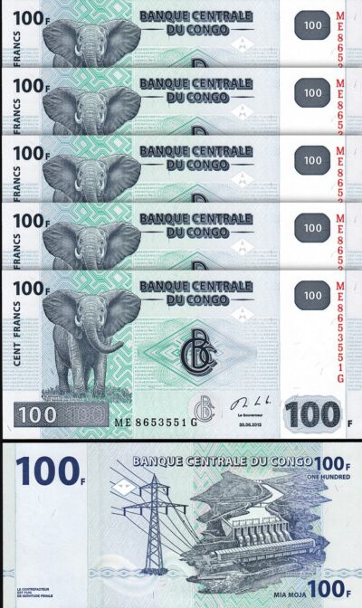 Congo 100 Francs 2013, UNC, 5 Pcs LOT, Consecutive, P-98b