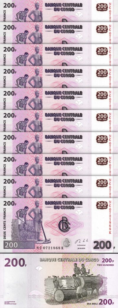 Congo 200 Francs 2013, UNC, 10 Pcs LOT, Consecutive, P-99b