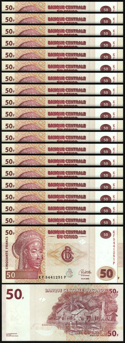 Congo 50 Francs 2022, UNC, 20 Pcs LOT, Consecutive, P-97b