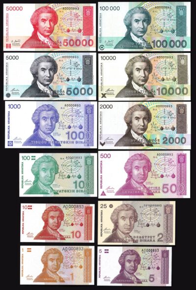 Croatia 12 Pcs SET, 1 to 500 1000 2000 5000 to 100000 D.1991 1993, UNC, Pr.A LOW