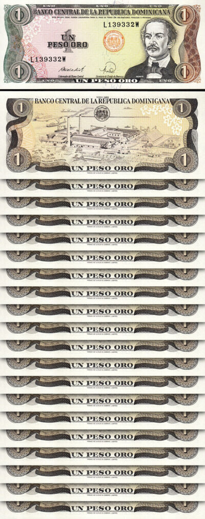 Dominican Rep. 1 Peso Oro 1988, UNC-, 20 Pcs LOT, P-126c