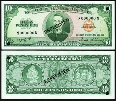 Dominican Rep. 10 Pesos Oro 1964 1974,UNC, SPECIMEN Especimen, P-101s3,N000000N