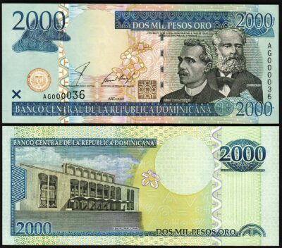 Dominican Republic, 2000 Pesos 2002, UNC, VERY LOW Serial 0000036, P-174a