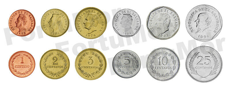 EL SALVADOR UNC SET OF 6 COINS 1 2 3 5 10 25 CENTAVOS 1942 1999 ...