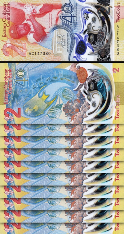 East Caribbean 2 Dollars 2023 2024, UNC, 10 Pcs LOT, Consecutive, P-61 POLYMER