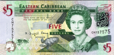 East Caribbean 5 Dollars 2008, REPEATER 75 75 75, UNC, P-47 ,QUEII, Prefix CH