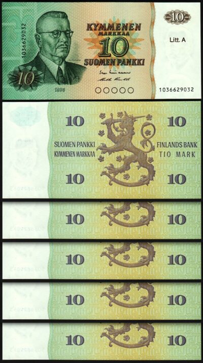 Finland 10 Markkaa 1980, UNC, 5 Pcs LOT, Consecutive, P-112, Litt.A