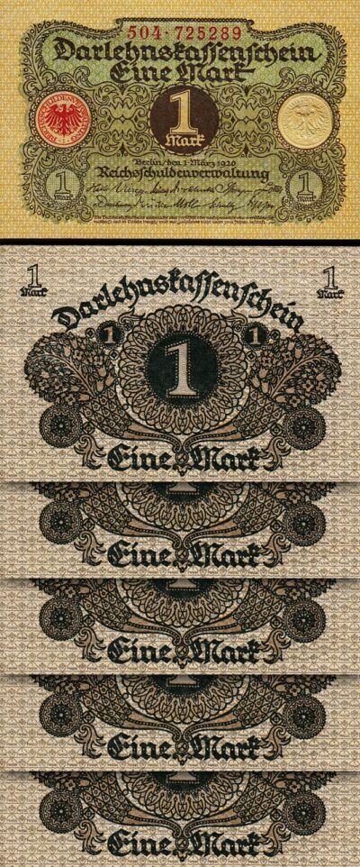 Germany 1 Mark 1920, AU-UNC, 5 Pcs LOT, P-58, Completely Watermark