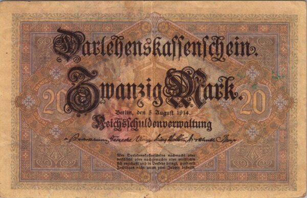 Germany 20 Mark 1914, aXF, P-48b, Completely Watermark - Image 3