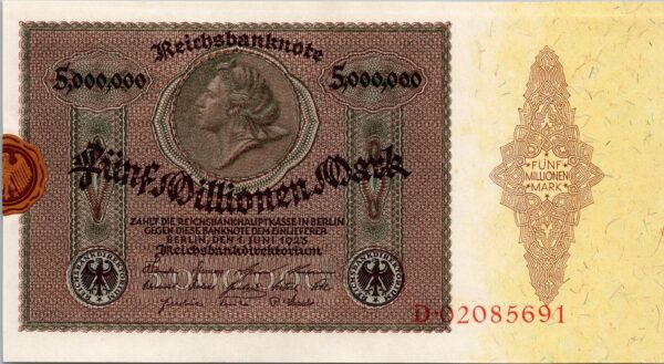 Germany 5000000, 5 Million Mark 1923, AU UNC, P-90, With Reichsbank Stamp