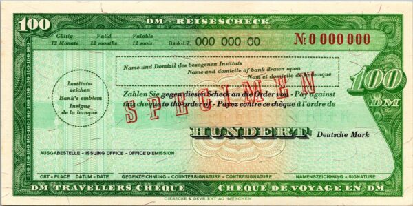 Germany SPECIMEN, Travellers Cheque , 100 Marks, UNC, With Watermark