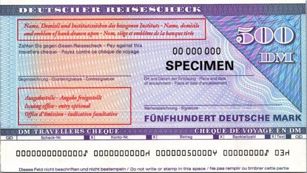 Germany SPECIMEN, Travellers Cheque , 500 Marks, AU / UNC, Complete Watermark