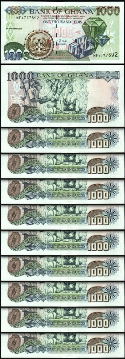 Ghana 1000 Cedis 2002, UNC, 10 Pcs LOT, Consecutive, P-32h