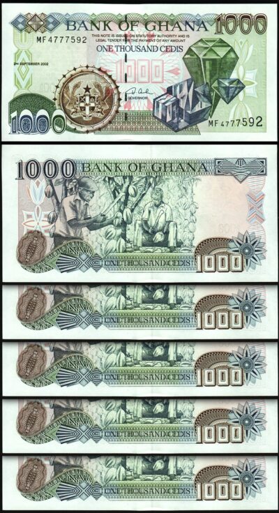 Ghana 1000 Cedis 2002, UNC, 5 Pcs LOT, Consecutive, P-32h