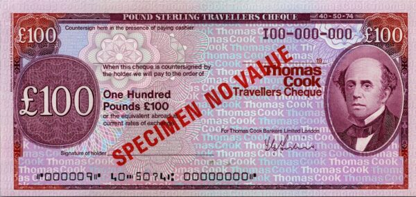 Great Britain SPECIMEN, THOMAS COOK London Travellers Cheque, 100 Pounds, UNC