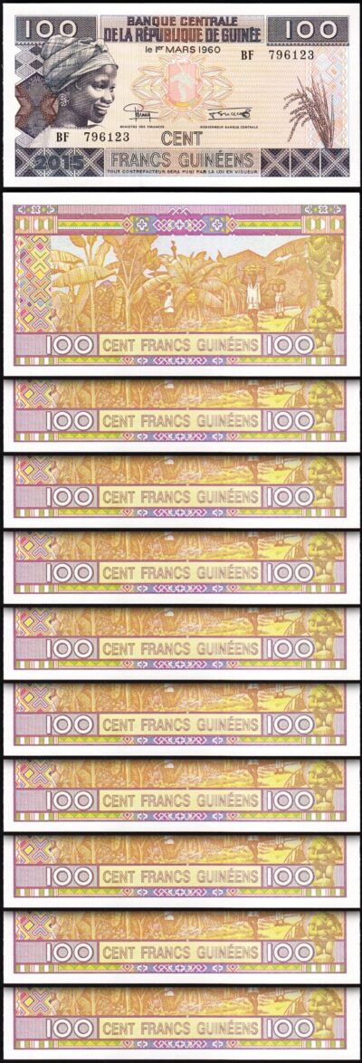 Guinea 100 Francs, 2015, UNC, 10 Pcs LOT, P-A47
