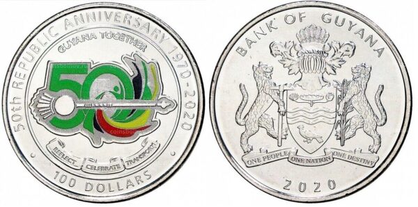 Guyana 100 Dollars 2020, UNC, Coloured, Commemorative Coin, 50 Years Of Republic