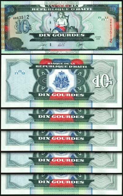Haiti 10 Gourdes 2000, UNC, 5 Pcs LOT, Consecutive, P-265a, Single Prefix U