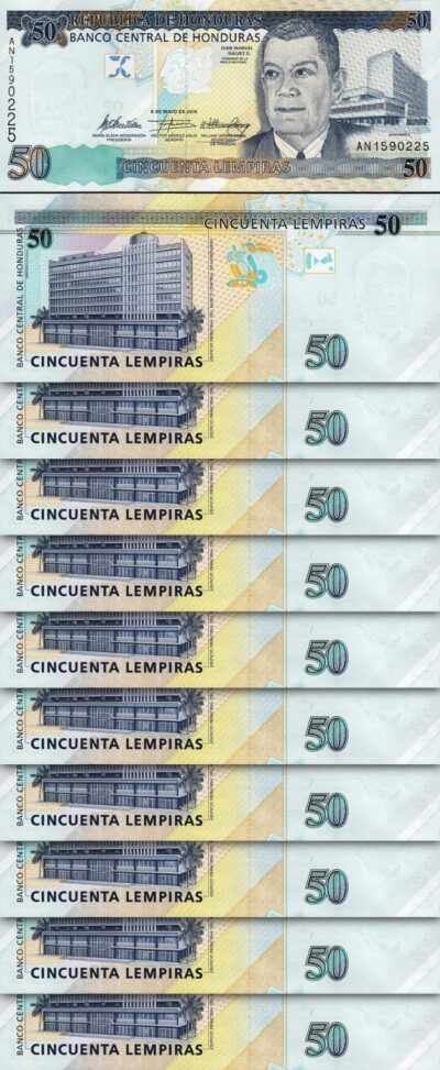 Honduras 50 Lempiras 2010, UNC, 10 Pcs Consecutive LOT, P-94b, Prefix AN