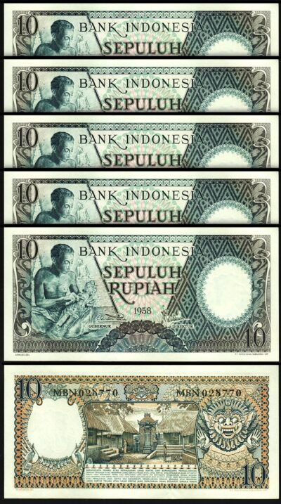Indonesia 10 Rupiah 1958, UNC, 5 Pcs LOT, Consecutive, P-56