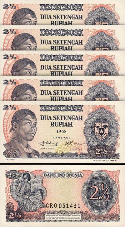 Indonesia 2 1/2 Rupiah 1968, UNC, 5 Pcs LOT, Consecutive, P-103