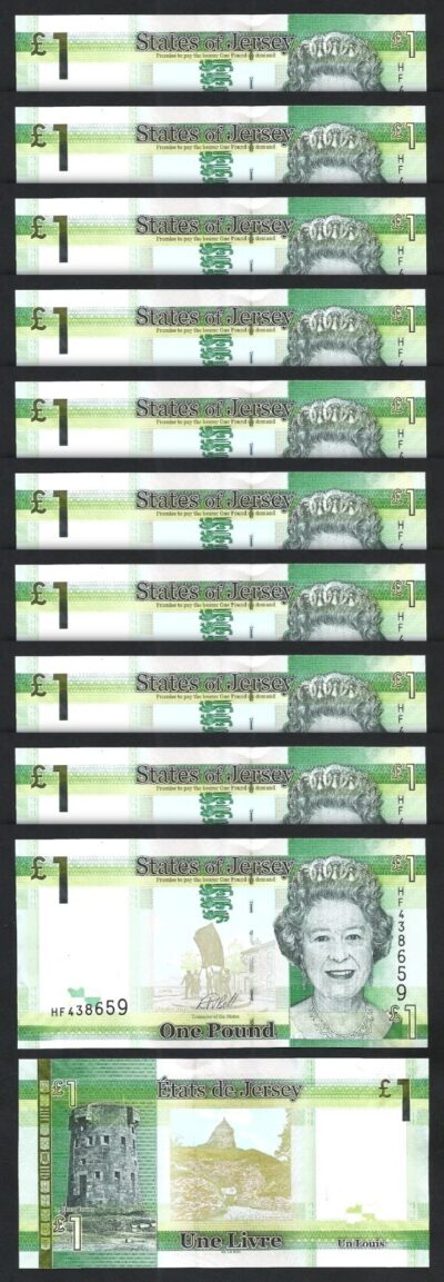 Jersey 1 Pound 2018, UNC, 10 Pcs LOT, P-32, QEII, Prefix HF, Sign RW BELL