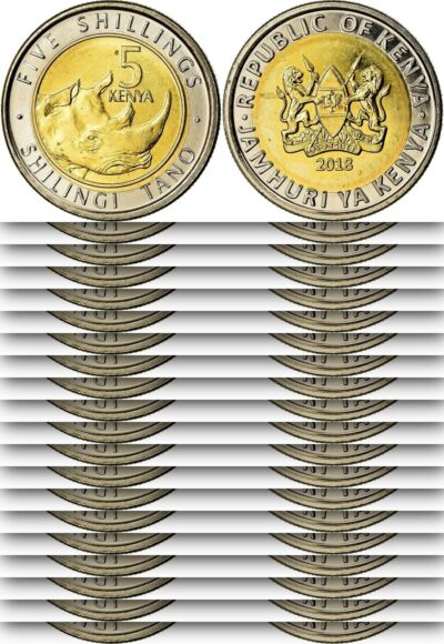 Kenya 5 Shillings 2018, UNC COIN, 20 Pcs LOT, Bimetal, Rhino