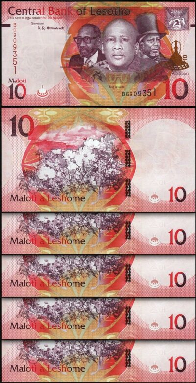Lesotho 10 Maloti 2021 - 2022, UNC, 5 PCS LOT, P-26