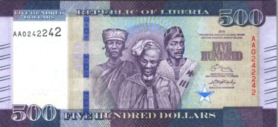 Liberia 500 Dollars 2016, Serial AA 0 242 242 UNC, P-36