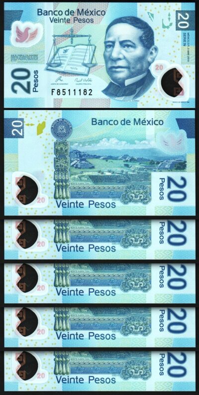 Mexico 20 Pesos 2010, UNC, 5 Pcs LOT, POLYMER, P-122