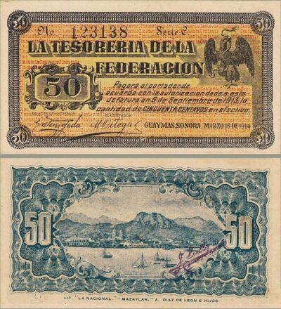 Mexico Sonoro Treasury Of The Federation 50 Pesos 1914, aAU, P-S1059